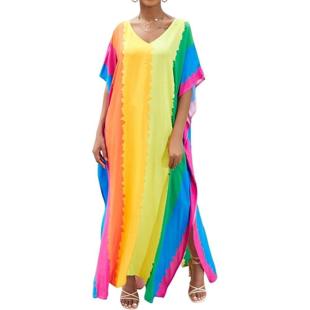 Women 5 Multi Color 100% Polyester V Neck Summer Beach Dresses Cover Caftan Maxi